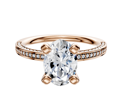 18K Rose Gold 4 Prong Classic Flat 3-Row-Pave 2.0mm Engagement Ring