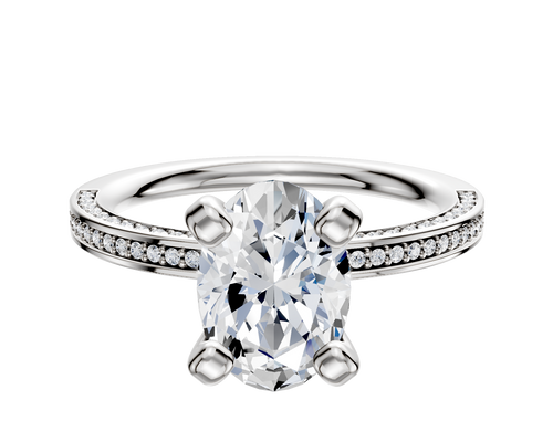 18K White Gold 4 Prong Classic Flat 3-Row-Pave 2.0mm Engagement Ring