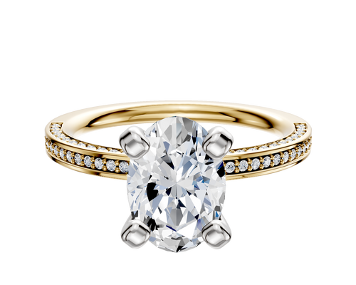 18K Two Tone 4 Prong Classic Flat 3-Row-Pave 2.0mm Engagement Ring