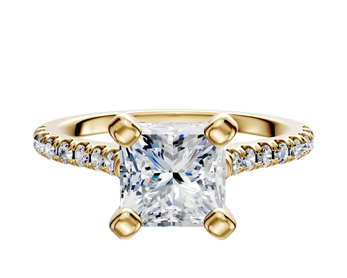 18K Yellow Gold 4 Prong Cathedral Dome 1-Row-Pave 2.5mm Engagement Ring