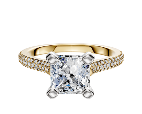 18K Two Tone 4 Prong Cathedral Dome 3-Row-Pave 2.0mm Engagement Ring