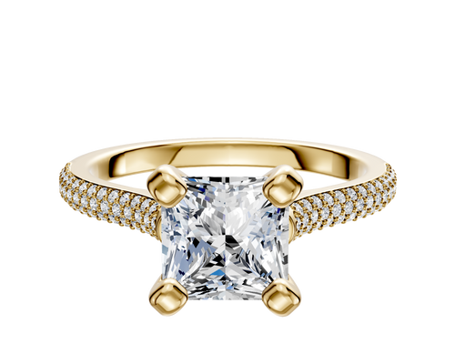 14K Yellow Gold 4 Prong Cathedral Dome 3-Row-Pave 2.0mm Engagement Ring