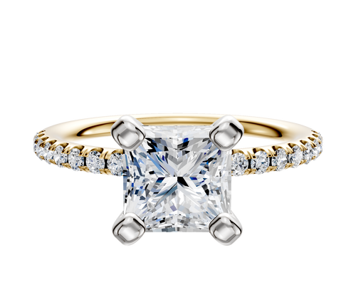 18K Two Tone 4 Prong Classic Dome 1-Row-Pave 2.5mm Engagement Ring