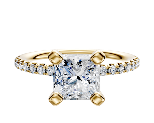 14K Yellow Gold 4 Prong Classic Dome 1-Row-Pave 2.5mm Engagement Ring