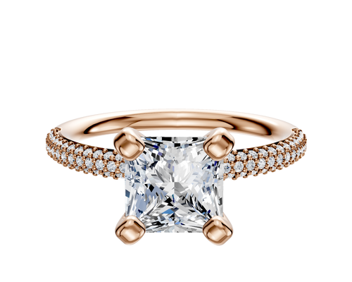 18K Rose Gold 4 Prong Classic Dome 3-Row-Pave 2.0mm Engagement Ring