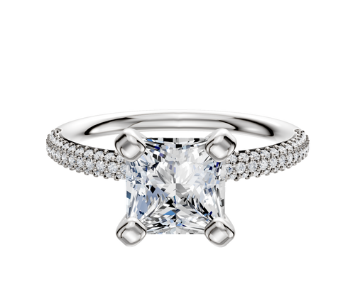 18K White Gold 4 Prong Classic Dome 3-Row-Pave 2.0mm Engagement Ring