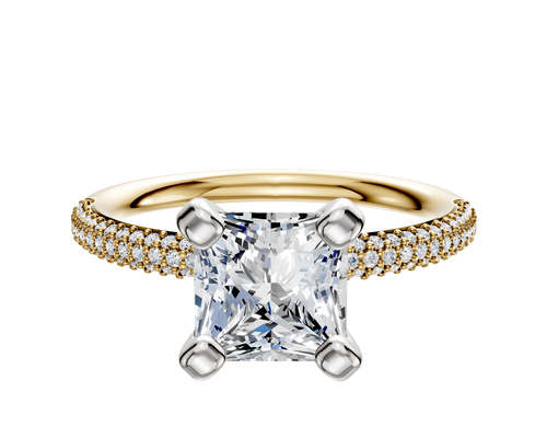 14K Two Tone 4 Prong Classic Dome 3-Row-Pave 2.0mm Engagement Ring