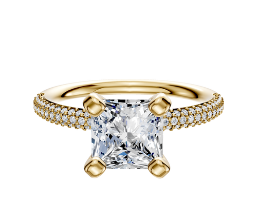 18K Yellow Gold 4 Prong Classic Dome 3-Row-Pave 2.0mm Engagement Ring