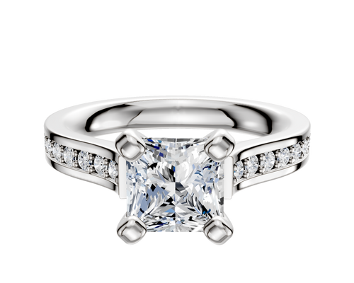 14K White Gold 4 Prong Cathedral Flat 1-Row-Pave 2.5mm Engagement Ring