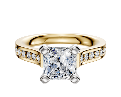 18K Two Tone 4 Prong Cathedral Flat 1-Row-Pave 2.5mm Engagement Ring