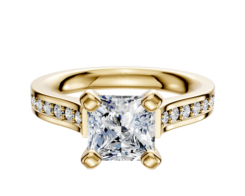 18K Yellow Gold 4 Prong Cathedral Flat 1-Row-Pave 2.5mm Engagement Ring