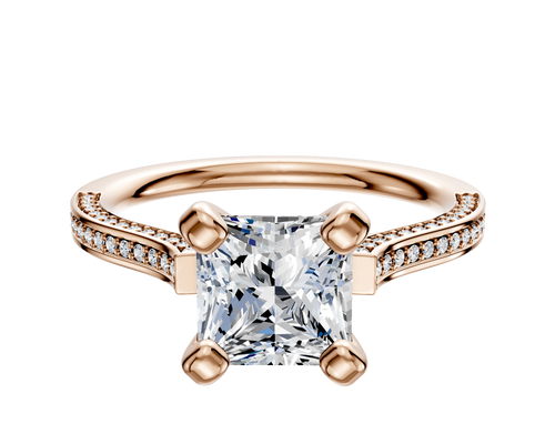 18K Rose Gold 4 Prong Cathedral Flat 3-Row-Pave 2.0mm Engagement Ring