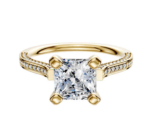 18K Yellow Gold 4 Prong Cathedral Flat 3-Row-Pave 2.0mm Engagement Ring
