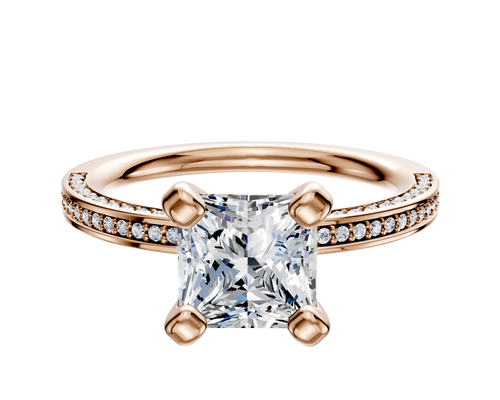 18K Rose Gold 4 Prong Classic Flat 3-Row-Pave 2.0mm Engagement Ring