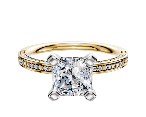 18K Two Tone 4 Prong Classic Flat 3-Row-Pave 2.0mm Engagement Ring