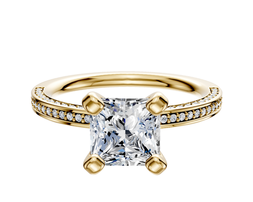 14K Yellow Gold 4 Prong Classic Flat 3-Row-Pave 2.0mm Engagement Ring