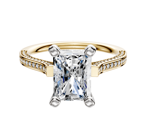 18K Two Tone 4 Prong Cathedral Flat 3-Row-Pave 2.0mm Engagement Ring