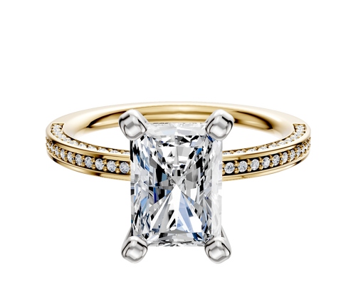 14K Two Tone 4 Prong Classic Flat 3-Row-Pave 2.0mm Engagement Ring