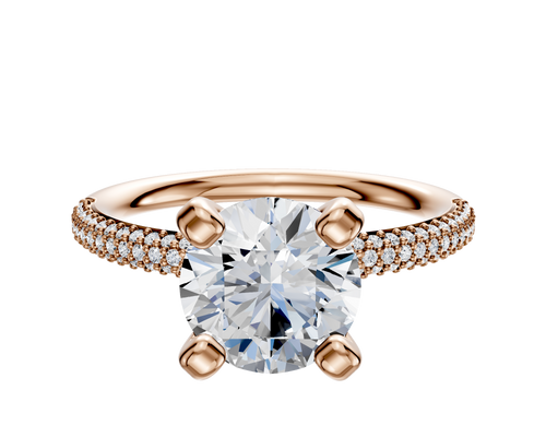 18K Rose Gold 4 Prong Classic Dome 3-Row-Pave 2.0mm Engagement Ring