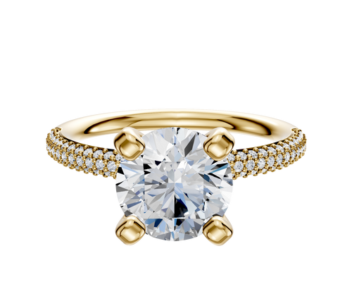 18K Yellow Gold 4 Prong Classic Dome 3-Row-Pave 2.0mm Engagement Ring