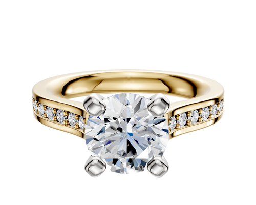 18K Two Tone 4 Prong Cathedral Flat 1-Row-Pave 2.5mm Engagement Ring