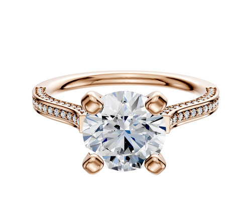 14K Rose Gold 4 Prong Cathedral Flat 3-Row-Pave 2.0mm Engagement Ring