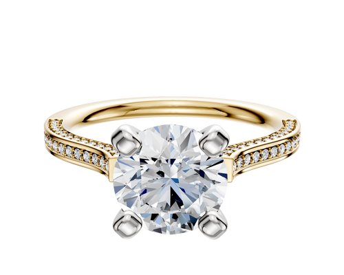 14K Two Tone 4 Prong Cathedral Flat 3-Row-Pave 2.0mm Engagement Ring