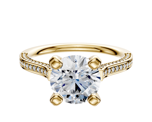 14K Yellow Gold 4 Prong Cathedral Flat 3-Row-Pave 2.0mm Engagement Ring
