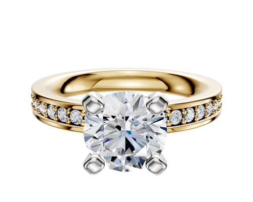 18K Two Tone 4 Prong Classic Flat 1-Row-Pave 2.5mm Engagement Ring