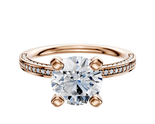 14K Rose Gold 4 Prong Classic Flat 3-Row-Pave 2.0mm Engagement Ring