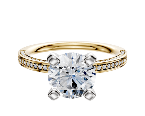 18K Two Tone 4 Prong Classic Flat 3-Row-Pave 2.0mm Engagement Ring