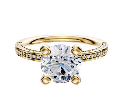 18K Yellow Gold 4 Prong Classic Flat 3-Row-Pave 2.0mm Engagement Ring