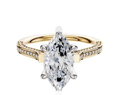14K Two Tone 6 Prong Basket Cathedral Flat 3-Row-Pave 2.0mm Engagement Ring