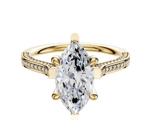 18K Yellow Gold 6 Prong Basket Cathedral Flat 3-Row-Pave 2.0mm Engagement Ring