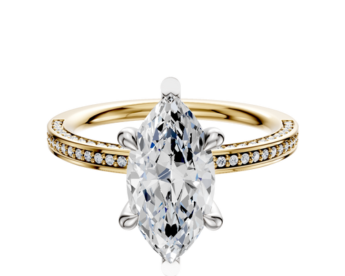 18K Two Tone 6 Prong Basket Classic Flat 3-Row-Pave 2.0mm Engagement Ring