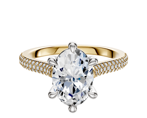 18K Two Tone 6 Prong Basket Cathedral Dome 3-Row-Pave 2.0mm Engagement Ring