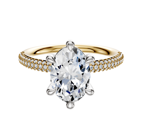 18K Two Tone 6 Prong Basket Classic Dome 3-Row-Pave 2.0mm Engagement Ring