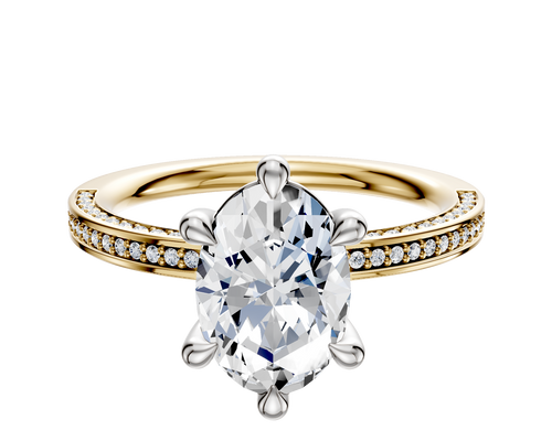 14K Two Tone 6 Prong Basket Classic Flat 3-Row-Pave 2.0mm Engagement Ring