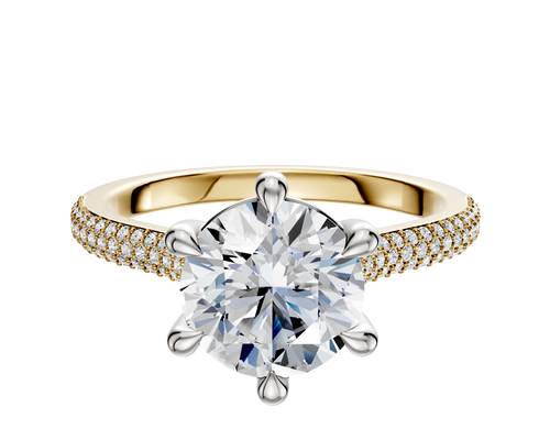 14K Two Tone 6 Prong Basket Cathedral Dome 3-Row-Pave 2.0mm Engagement Ring