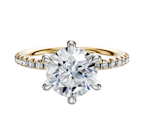 14K Two Tone 6 Prong Basket Classic Dome 1-Row-Pave 2.5mm Engagement Ring