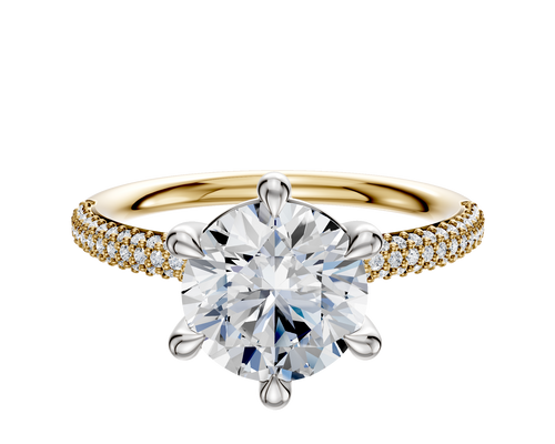 14K Two Tone 6 Prong Basket Classic Dome 3-Row-Pave 2.0mm Engagement Ring