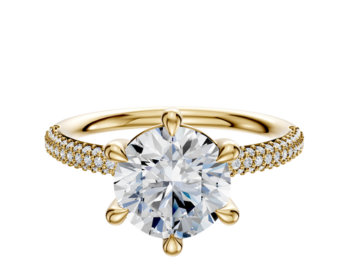 18K Yellow Gold 6 Prong Basket Classic Dome 3-Row-Pave 2.0mm Engagement Ring