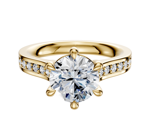 18K Yellow Gold 6 Prong Basket Cathedral Flat 1-Row-Pave 2.5mm Engagement Ring
