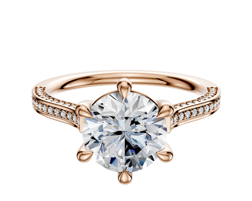 18K Rose Gold 6 Prong Basket Cathedral Flat 3-Row-Pave 2.0mm Engagement Ring