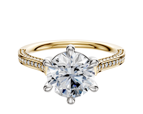 14K Two Tone 6 Prong Basket Cathedral Flat 3-Row-Pave 2.0mm Engagement Ring