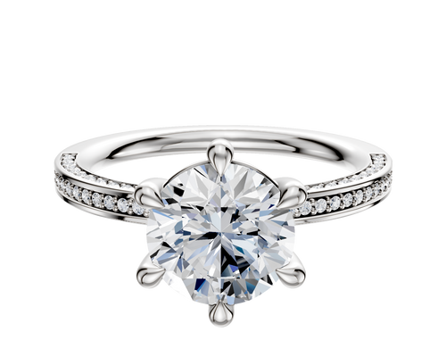 14K White Gold 6 Prong Basket Classic Flat 3-Row-Pave 2.0mm Engagement Ring