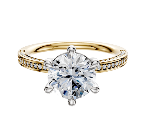 14K Two Tone 6 Prong Basket Classic Flat 3-Row-Pave 2.0mm Engagement Ring