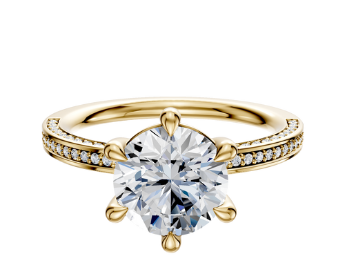 18K Yellow Gold 6 Prong Basket Classic Flat 3-Row-Pave 2.0mm Engagement Ring