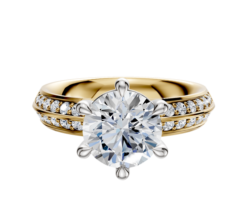 18K Two Tone 6 Prong Basket Classic Knife Edge 1-Row-Pave 2.5mm Engagement Ring