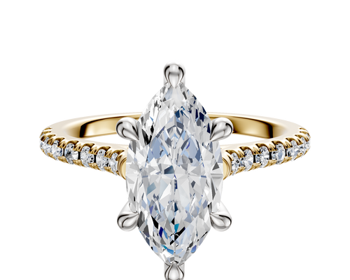 18K Two Tone 6 Prong Hidden Halo Cathedral Dome 1-Row-Pave 2.5mm Engagement Ring